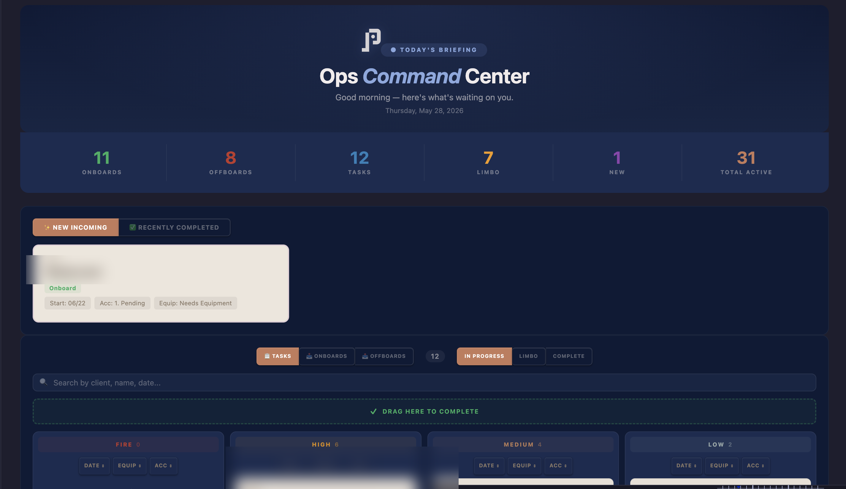 Ops Command Center daily dashboard, tickets sorted by category (client details redacted)